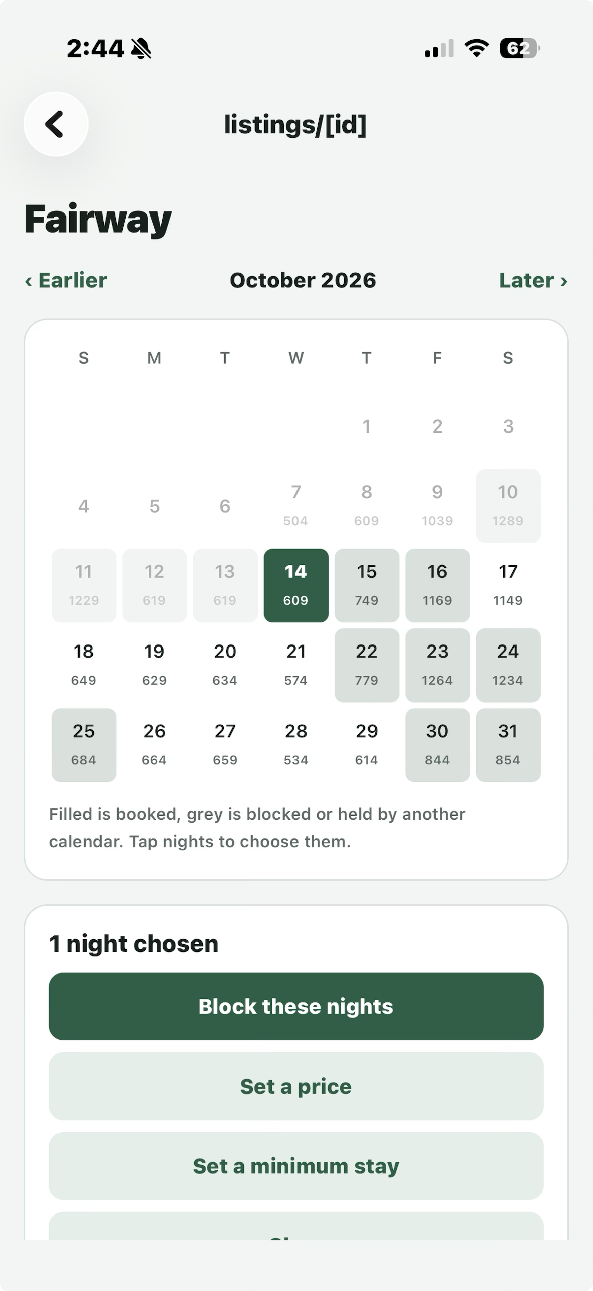 One listing's calendar in the app: tap nights to block them, set a price or a minimum stay.