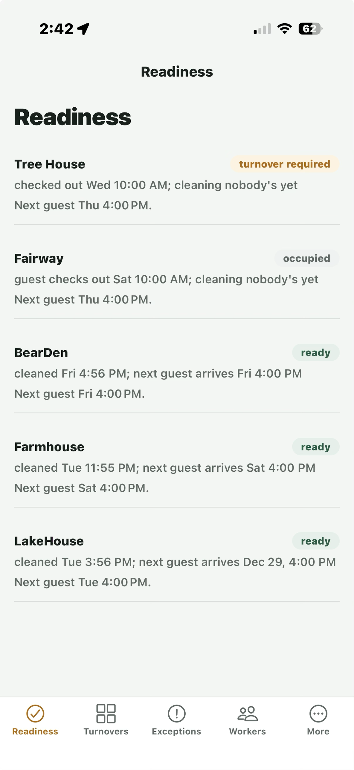 The same board in the app, in Property management mode: turnover required, occupied, ready, and the next guest under each.