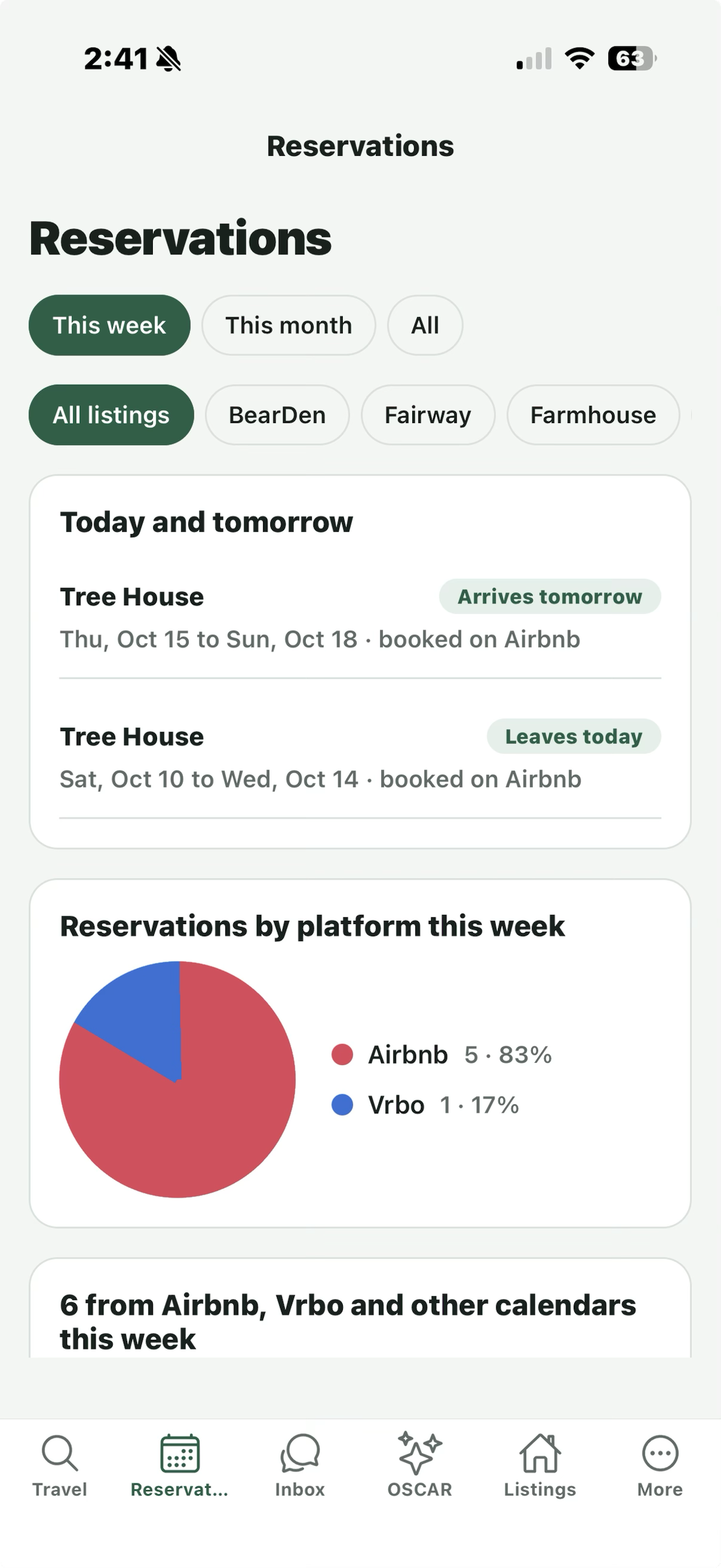 Hosting in the app: the reservations tab, with who leaves today and arrives tomorrow and where this week's bookings came from.