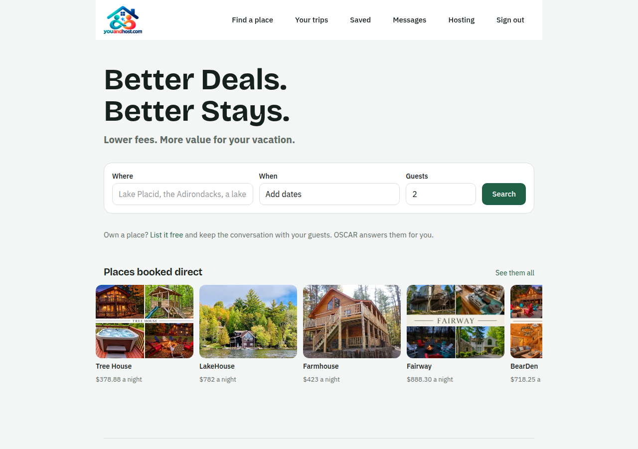 The home page: Better Deals, Better Stays, and a search box. Guests start here.