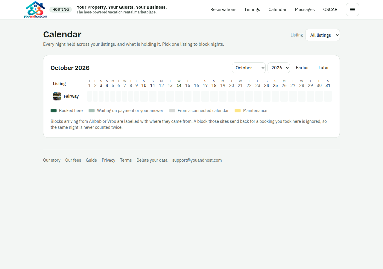The calendar: every listing on one grid, stays in colour, blocks grey, prices on the free nights.
