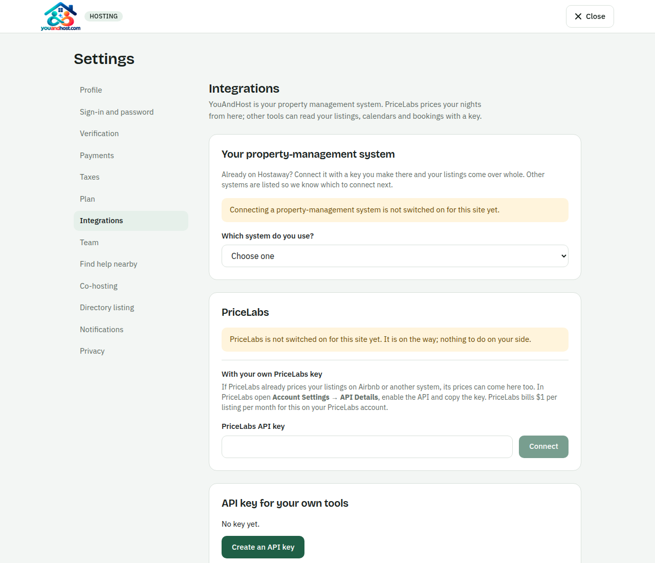 Settings → Integrations: PriceLabs, Hostaway, your own API key.