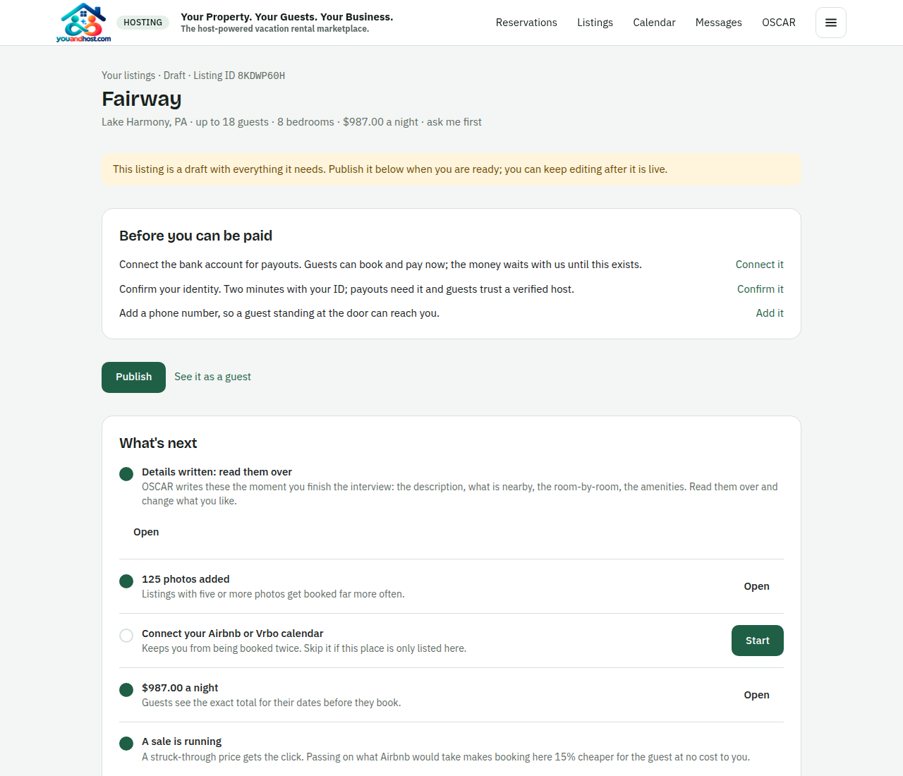 A listing's own page in Hosting: words, photos, interview, pricing, calendar and the walkthroughs, each a tab.