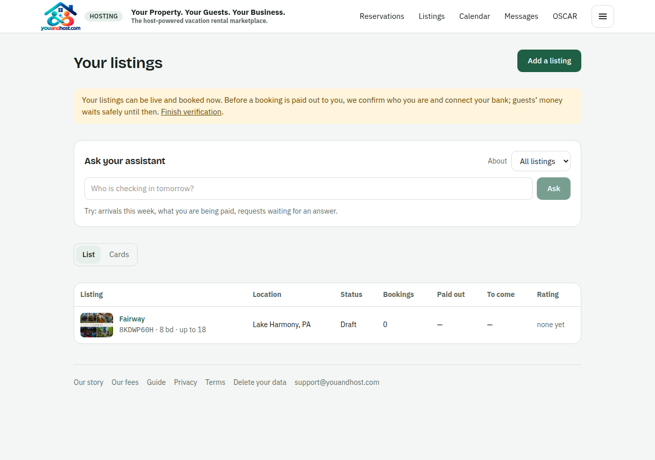 Hosting, Listings: each listing with its status, and the wizard to add another.