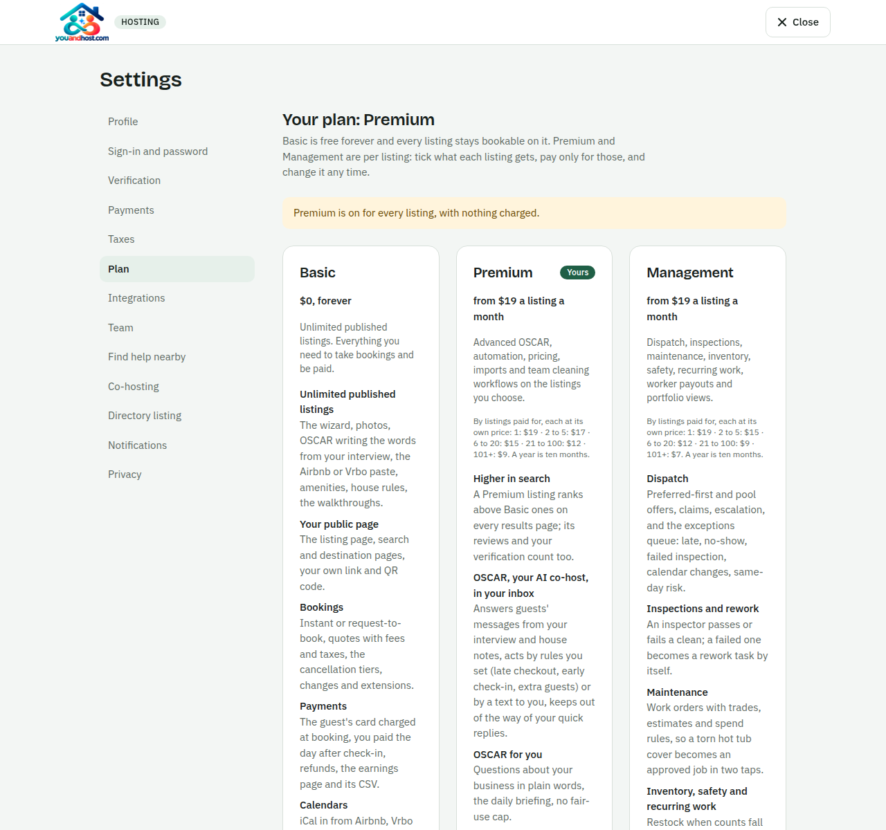 The Plan page: the three categories, then the cart with Premium and Management to tick per listing.