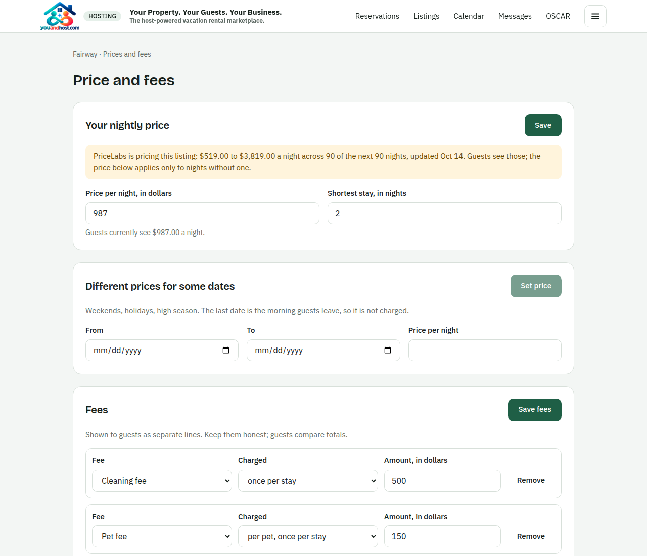 The listing's Pricing tab: the rate, the fees, discounts, and the taxes with their sources.