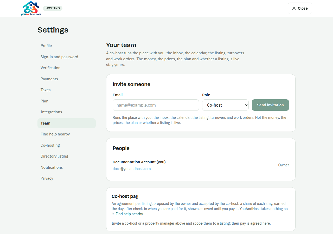 Settings, Team: who is on the team, their role, the listings they see, and the identity badge.