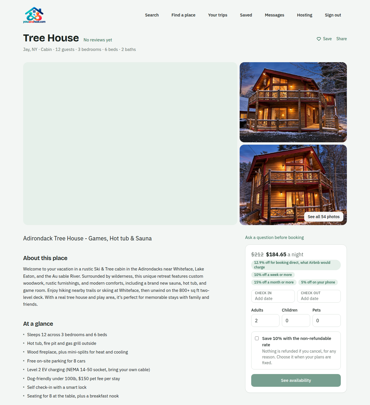 A listing page: photos, the price with the fee shown as its own line, the policy, the amenities, and OSCAR ready to answer a question.