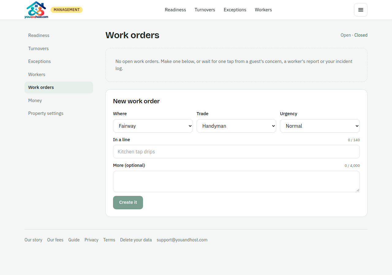 Work orders: what is open, who has it, the estimate, and the approval.